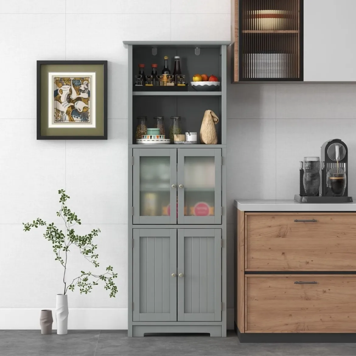Badschrank mit Glastüren 2 offenen Fächern und verstellbaren Regalen Grau/Schwarz/Weiß