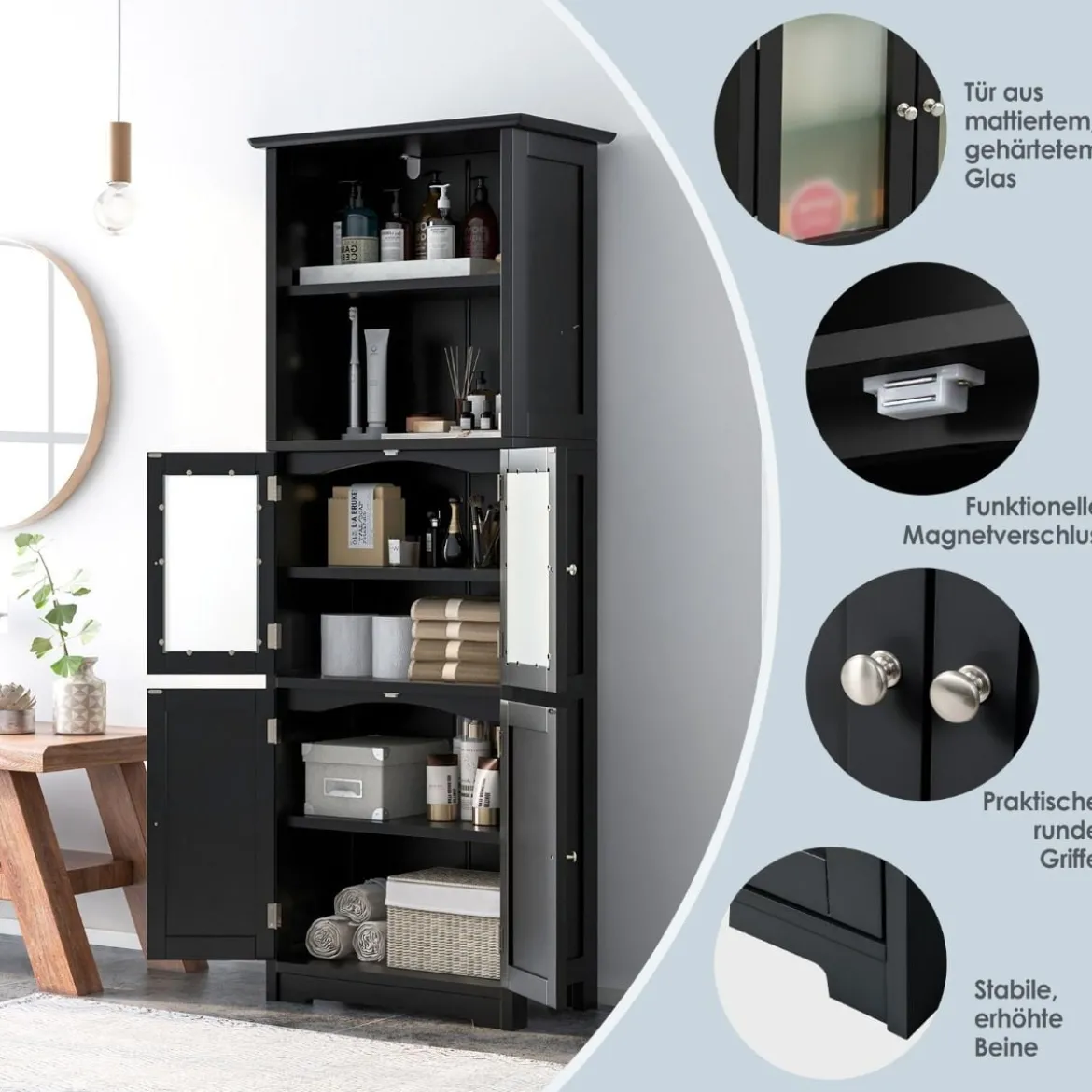 Badschrank mit Glastüren 2 offenen Fächern und verstellbaren Regalen Grau/Schwarz/Weiß