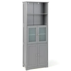 Badschrank mit Glastüren 2 offenen Fächern und verstellbaren Regalen Grau/Schwarz/Weiß