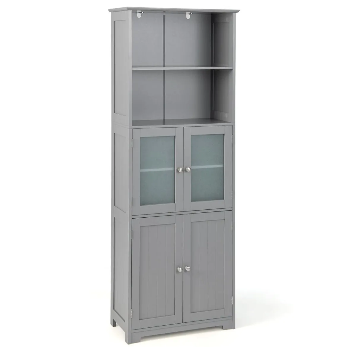 Badschrank mit Glastüren 2 offenen Fächern und verstellbaren Regalen Grau/Schwarz/Weiß