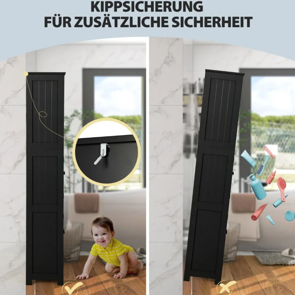 Badschrank mit Glastüren 2 offenen Fächern und verstellbaren Regalen Grau/Schwarz/Weiß