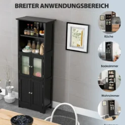 Badschrank mit Glastüren 2 offenen Fächern und verstellbaren Regalen Grau/Schwarz/Weiß