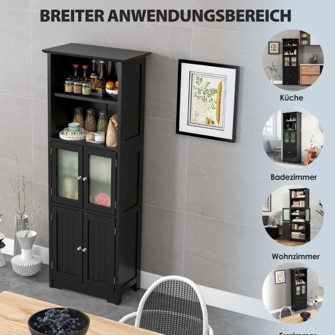 Badschrank mit Glastüren 2 offenen Fächern und verstellbaren Regalen Grau/Schwarz/Weiß