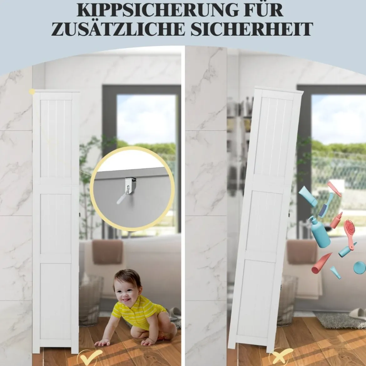 Badschrank mit Glastüren 2 offenen Fächern und verstellbaren Regalen Grau/Schwarz/Weiß