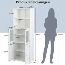 Badschrank mit Glastüren 2 offenen Fächern und verstellbaren Regalen Grau/Schwarz/Weiß