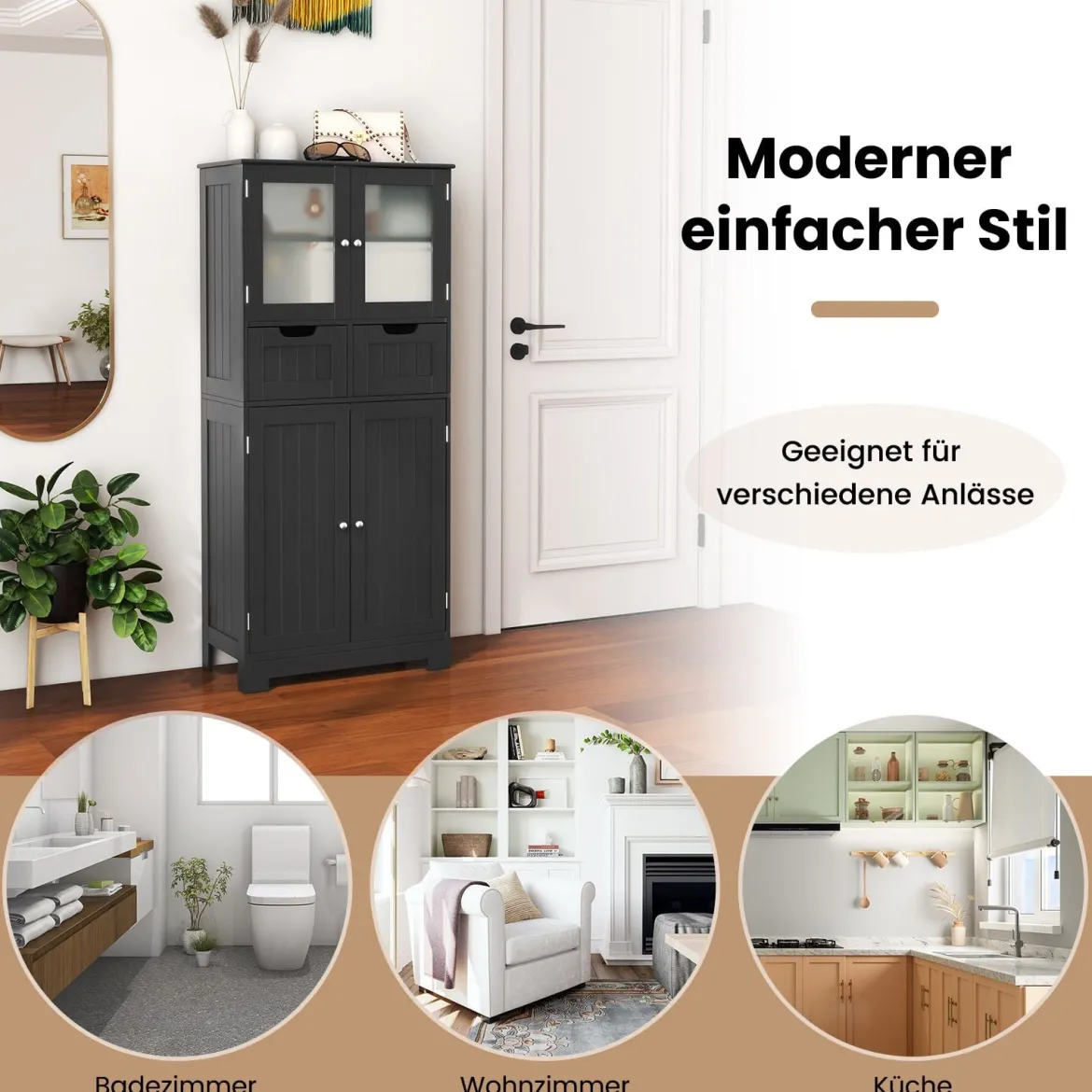 Badschrank mit 2 Schubladen und 4 Türen Badezimmerschrank mit verstellbaren Regalen Schwarz