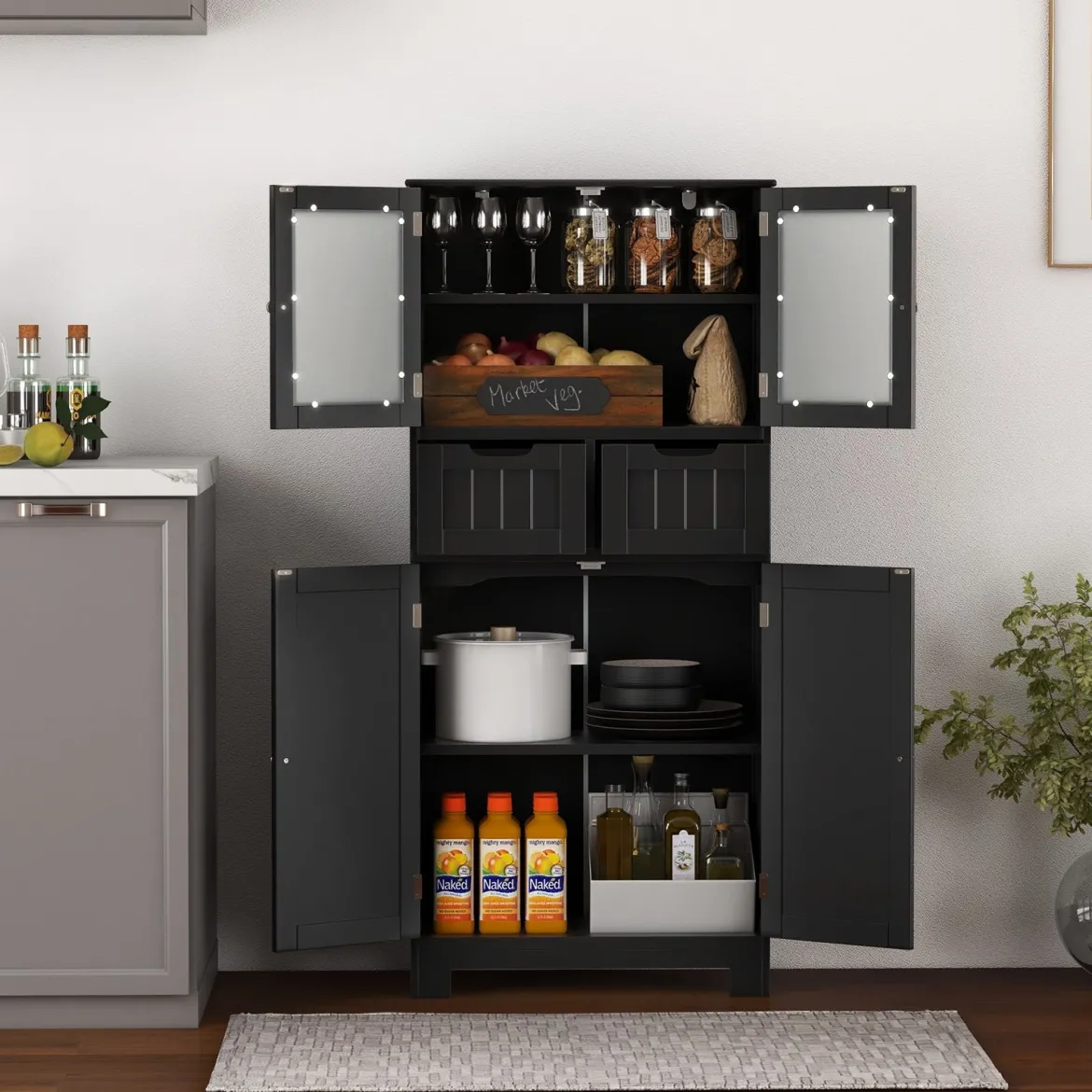 Badschrank mit 2 Schubladen und 4 Türen Badezimmerschrank mit verstellbaren Regalen Schwarz