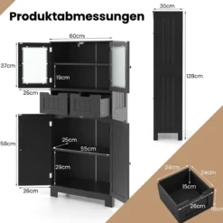 Badschrank mit 2 Schubladen und 4 Türen Badezimmerschrank mit verstellbaren Regalen Schwarz