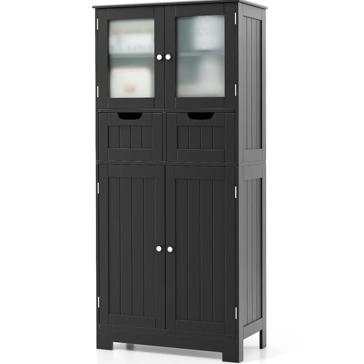 Badschrank mit 2 Schubladen und 4 Türen Badezimmerschrank mit verstellbaren Regalen Schwarz