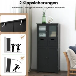 Badschrank mit 2 Schubladen und 4 Türen Badezimmerschrank mit verstellbaren Regalen Schwarz
