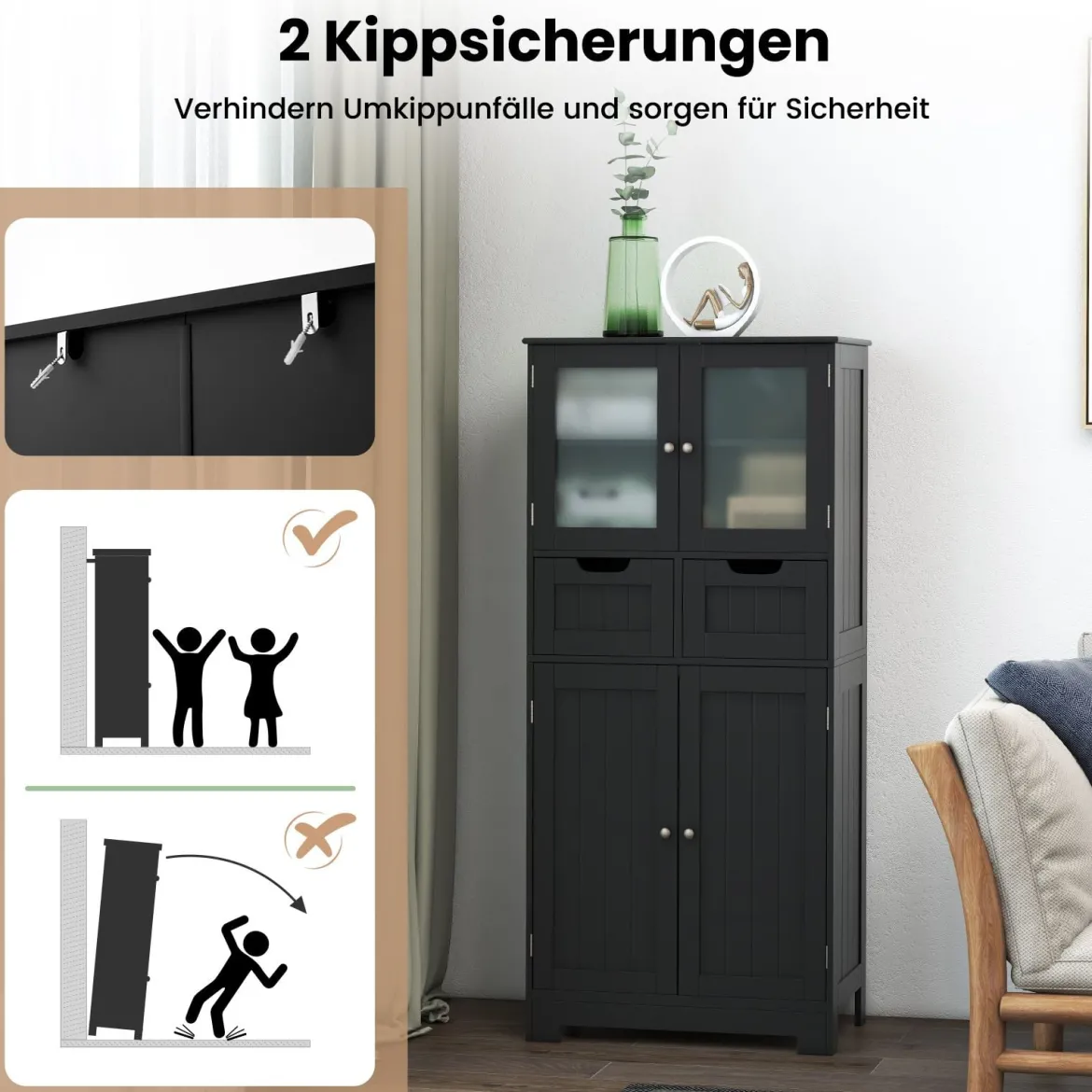Badschrank mit 2 Schubladen und 4 Türen Badezimmerschrank mit verstellbaren Regalen Schwarz