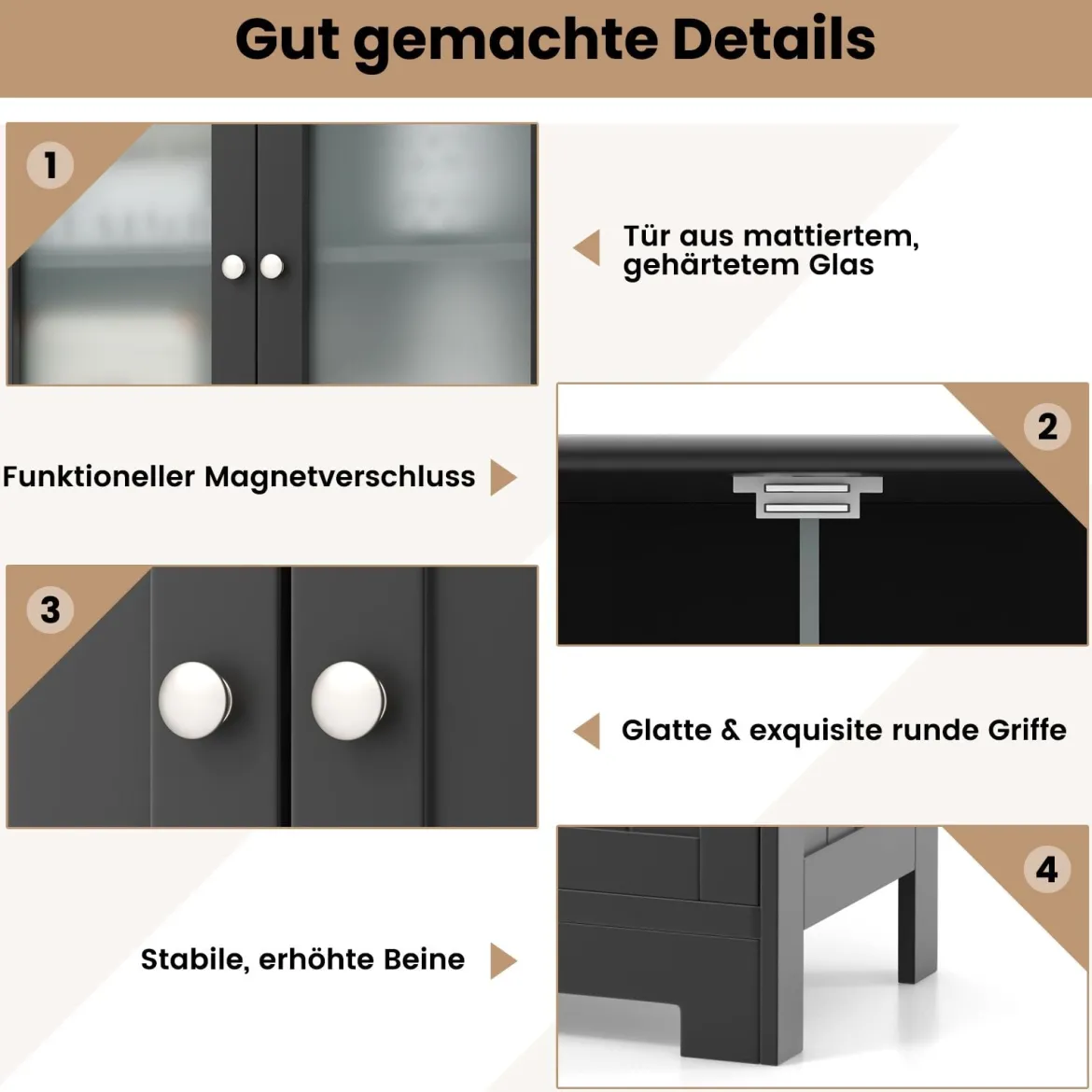 Badschrank mit 2 Schubladen und 4 Türen Badezimmerschrank mit verstellbaren Regalen Schwarz
