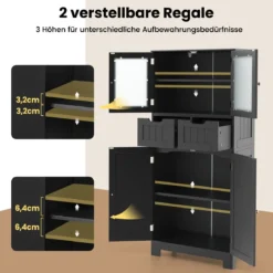 Badschrank mit 2 Schubladen und 4 Türen Badezimmerschrank mit verstellbaren Regalen Schwarz