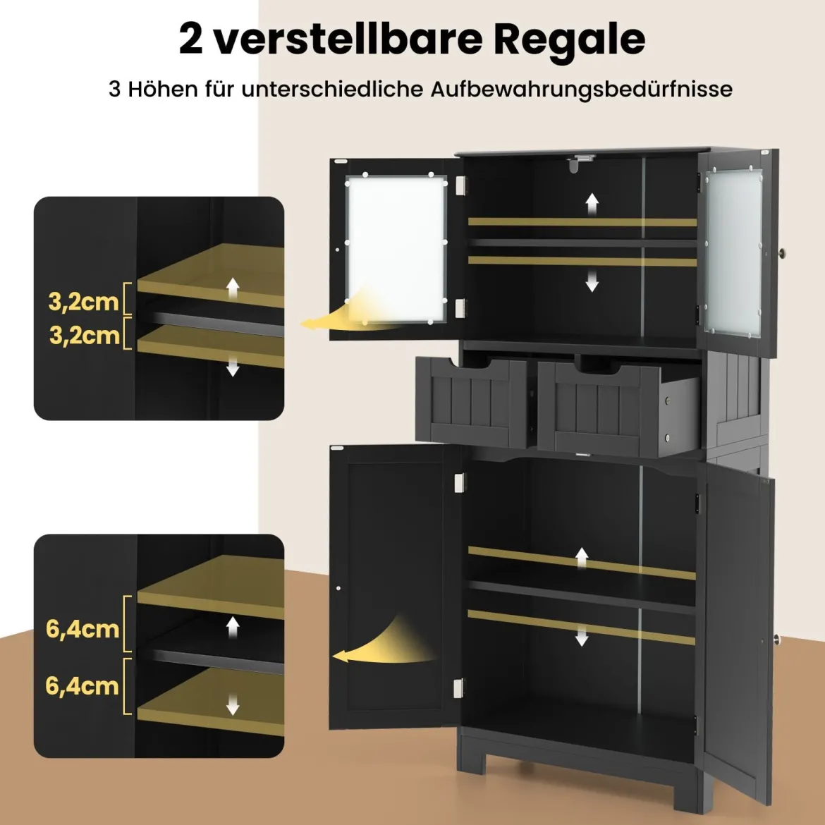 Badschrank mit 2 Schubladen und 4 Türen Badezimmerschrank mit verstellbaren Regalen Schwarz