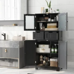Badschrank mit 2 Schubladen und 4 Türen Badezimmerschrank mit verstellbaren Regalen Schwarz