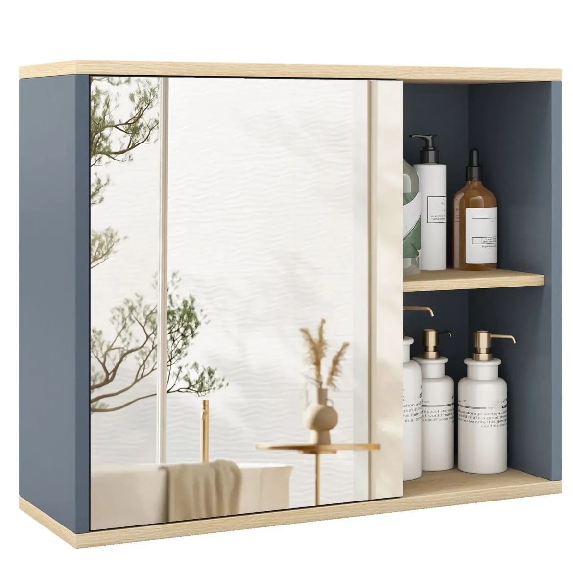 Badschrank mit Spiegel & Verstellbarem Regal & Seitenfächer Wandmontierter Badezimmerschrank