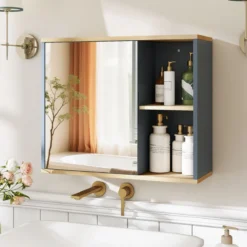 Badschrank mit Spiegel & Verstellbarem Regal & Seitenfächer Wandmontierter Badezimmerschrank