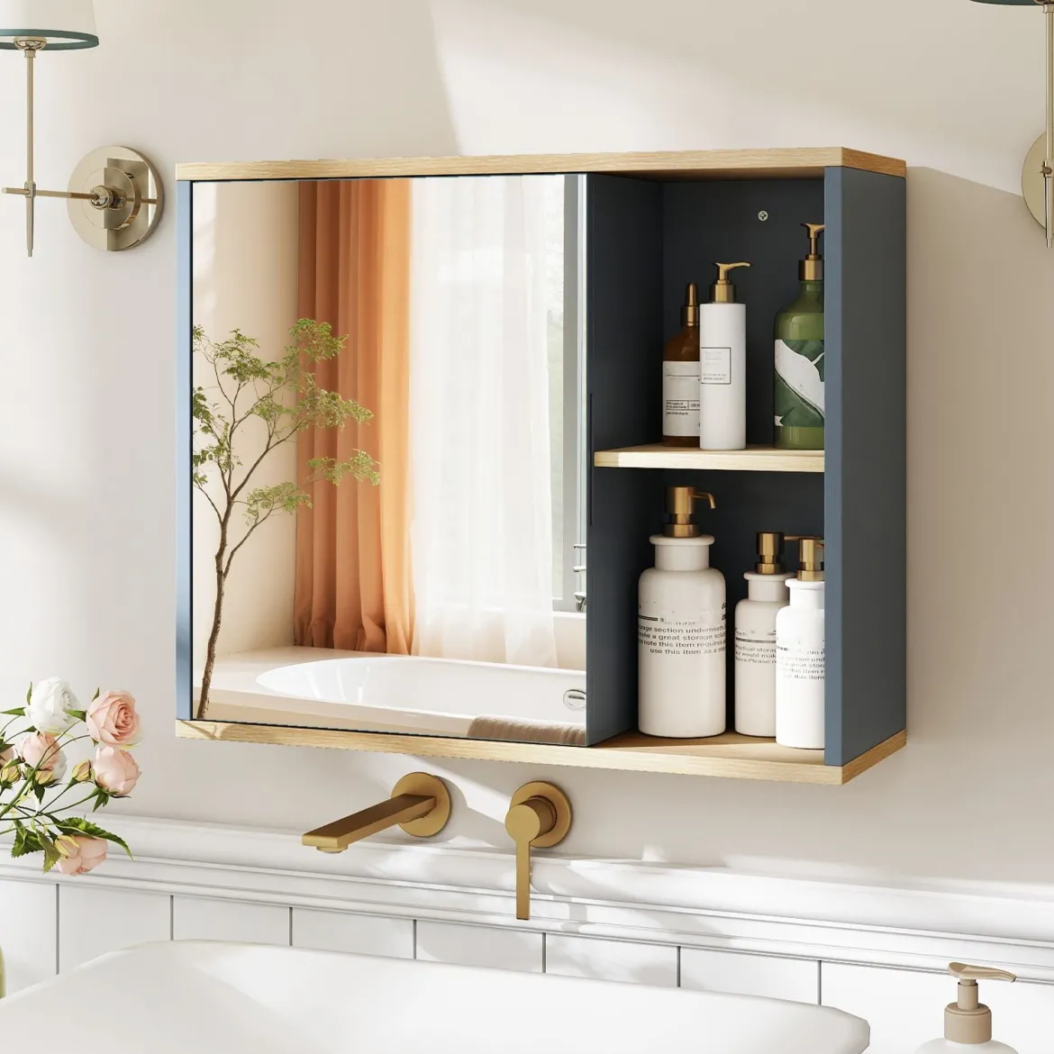 Badschrank mit Spiegel & Verstellbarem Regal & Seitenfächer Wandmontierter Badezimmerschrank