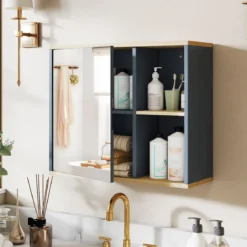 Badschrank mit Spiegel & Verstellbarem Regal & Seitenfächer Wandmontierter Badezimmerschrank