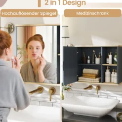Badschrank mit Spiegel & Verstellbarem Regal & Seitenfächer Wandmontierter Badezimmerschrank