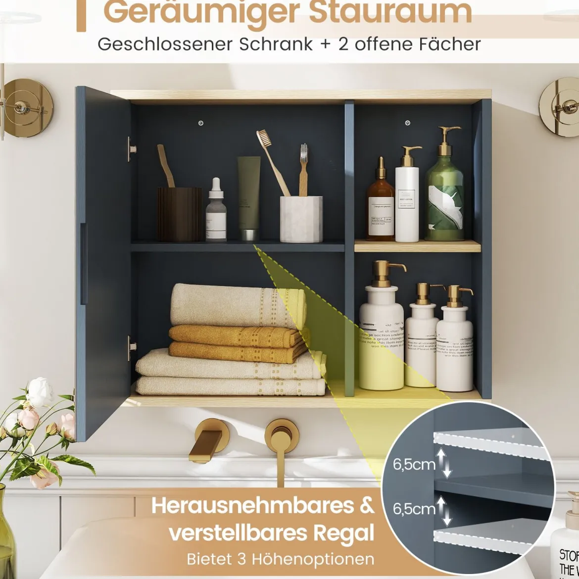 Badschrank mit Spiegel & Verstellbarem Regal & Seitenfächer Wandmontierter Badezimmerschrank