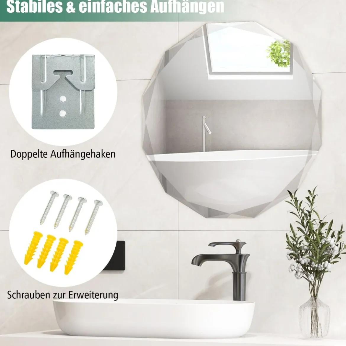 Badspiegel Hängespiegel explosionsgeschützter Wandspiegel Badezimmerspiegel für Bad rund 76 x 76 x 5 cm