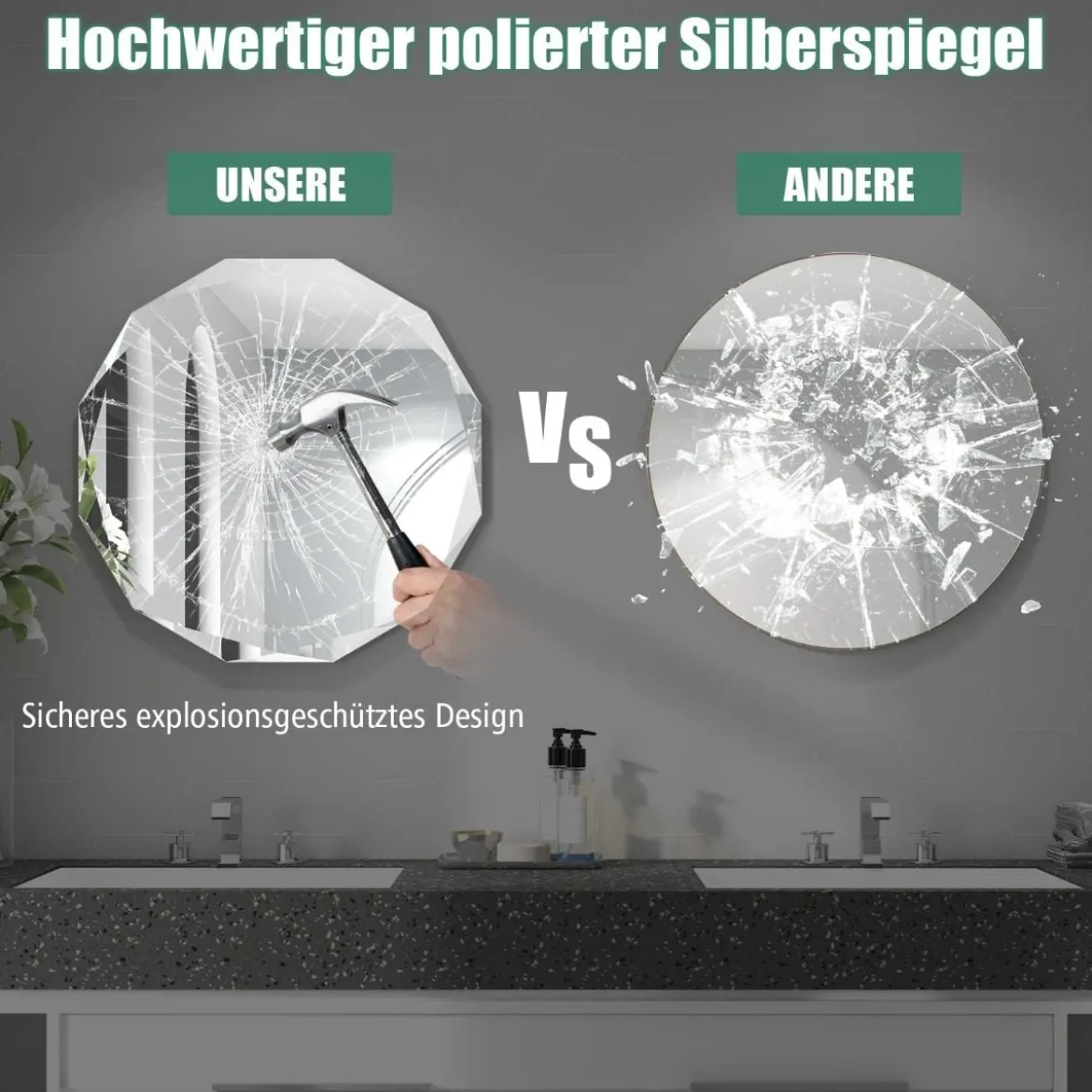 Badspiegel Hängespiegel explosionsgeschützter Wandspiegel Badezimmerspiegel für Bad rund 76 x 76 x 5 cm