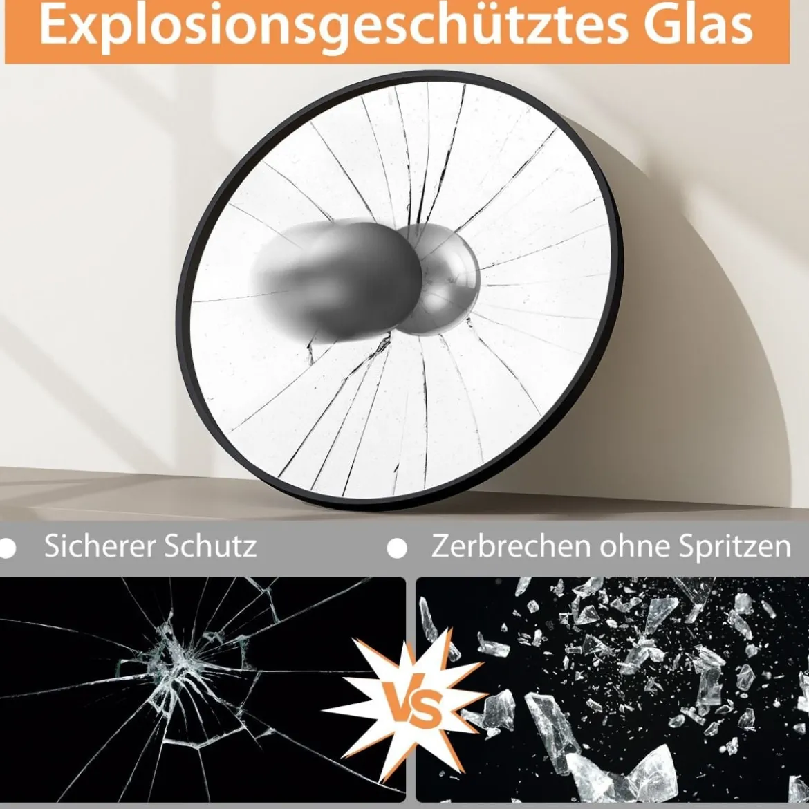 Badspiegel Hängespiegel explosionsgeschützter Wandspiegel Badezimmerspiegel für Bad rund 61 x 61 x 2,5 cm