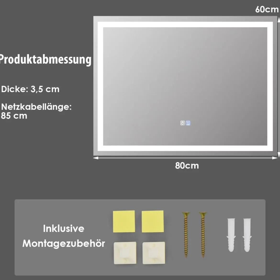 Badspiegel LED-Spiegel mit Einstellbarer Helligkeit und Farbtemperatur 80 x 60 cm