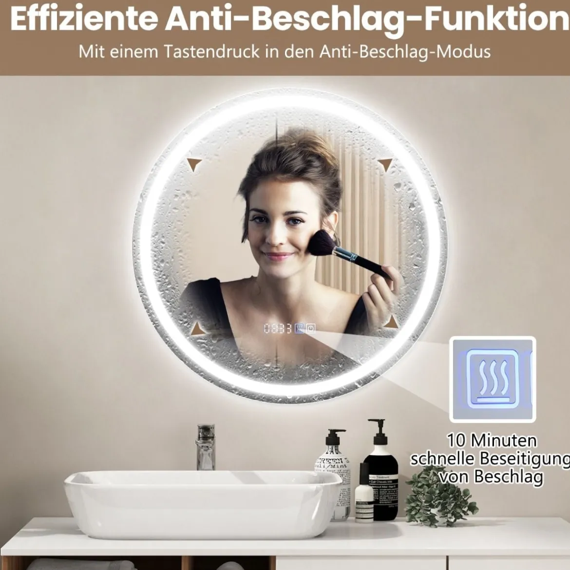 Badspiegel mit Anti-Beschlage Uhr Touchschalter & Memory-Funktion Spiegelheizung LED Spiegel dimmbar 3000K-6000K 60 x 60 cm