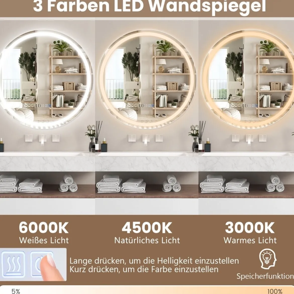 Badspiegel mit Anti-Beschlage Uhr Touchschalter & Memory-Funktion Spiegelheizung LED Spiegel dimmbar 3000K-6000K 60 x 60 cm