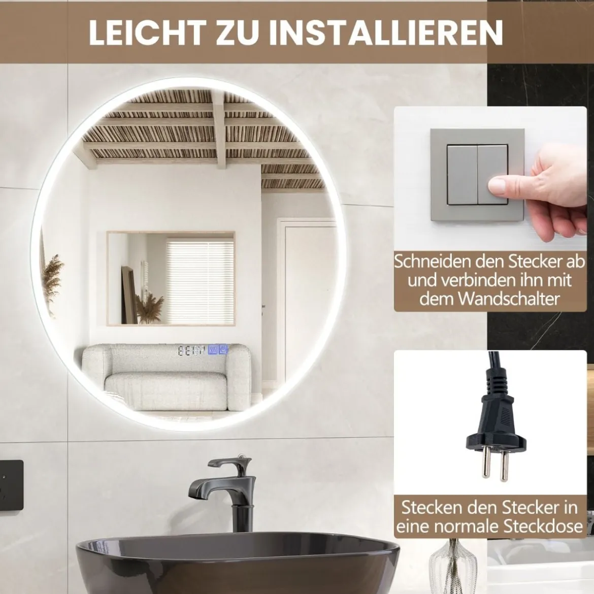 Badspiegel mit Anti-Beschlage Uhr Touchschalter & Memory-Funktion Spiegelheizung LED Spiegel dimmbar 3000K-6000K 60 x 60 cm