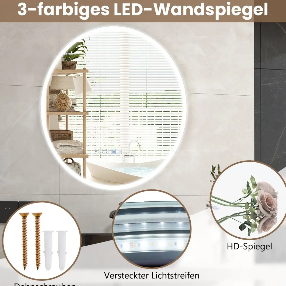 Badspiegel mit Anti-Beschlage Uhr Touchschalter & Memory-Funktion Spiegelheizung LED Spiegel dimmbar 3000K-6000K 60 x 60 cm