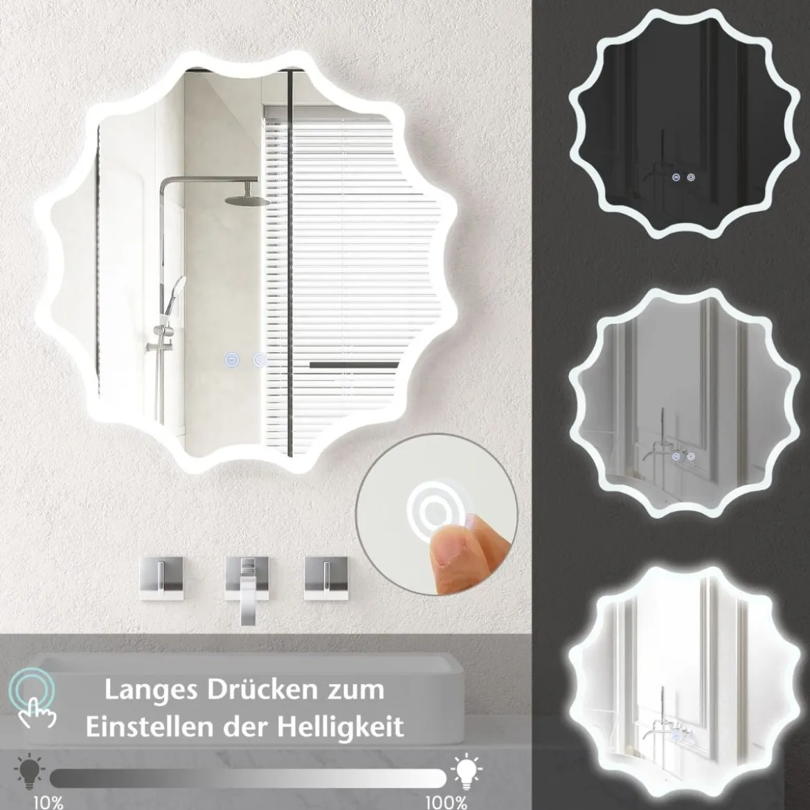 Badspiegel mit Anti-Beschlage Spiegelheizung Welle-Design LED-Spiegel Wandspiegel 60 x 60 cm