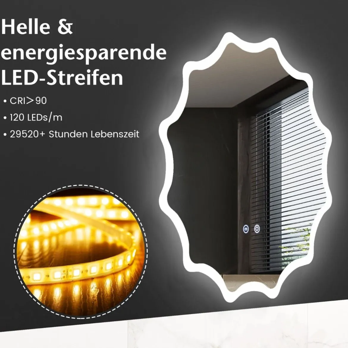 Badspiegel mit Anti-Beschlage Spiegelheizung Welle-Design LED-Spiegel Wandspiegel 60 x 60 cm