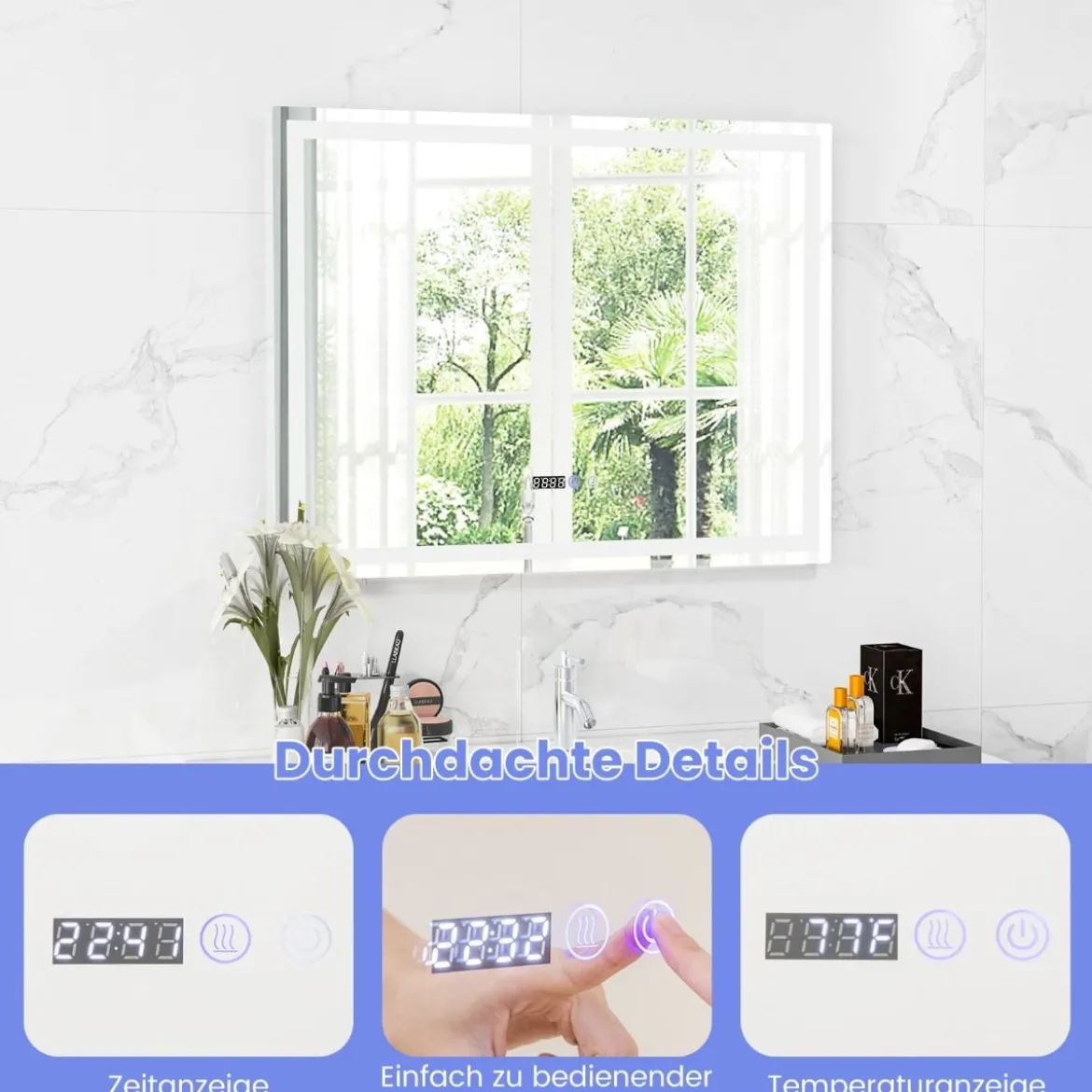 Badspiegel mit Anti-Beschlage Spiegelheizung & Anzeige 3000K-6500K Dimmbarer LED-Spiegel