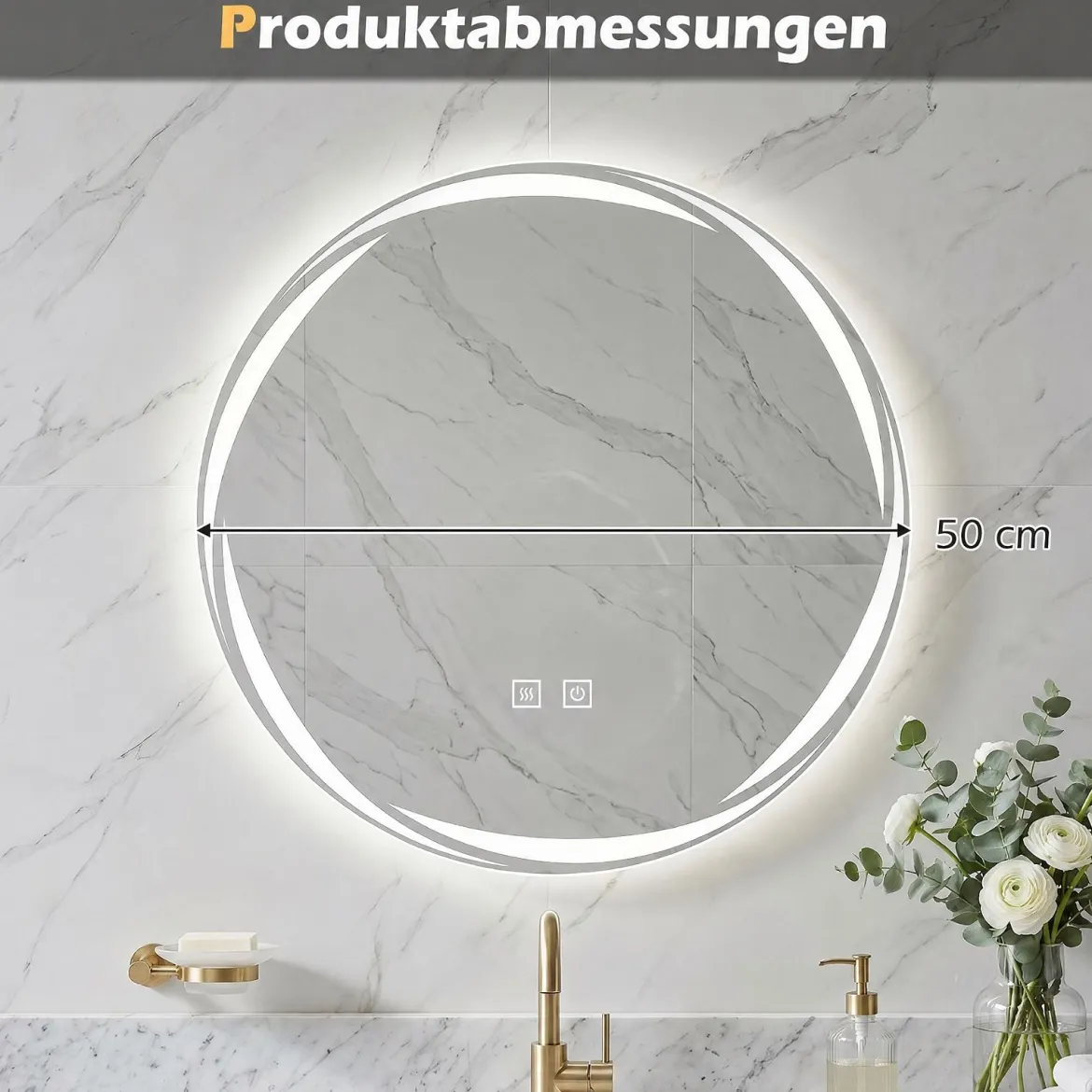 Badspiegel mit Beleuchtung 50 cm Runder LED Badezimmerspiegel Dimmbar mit 3 Lichtfarben