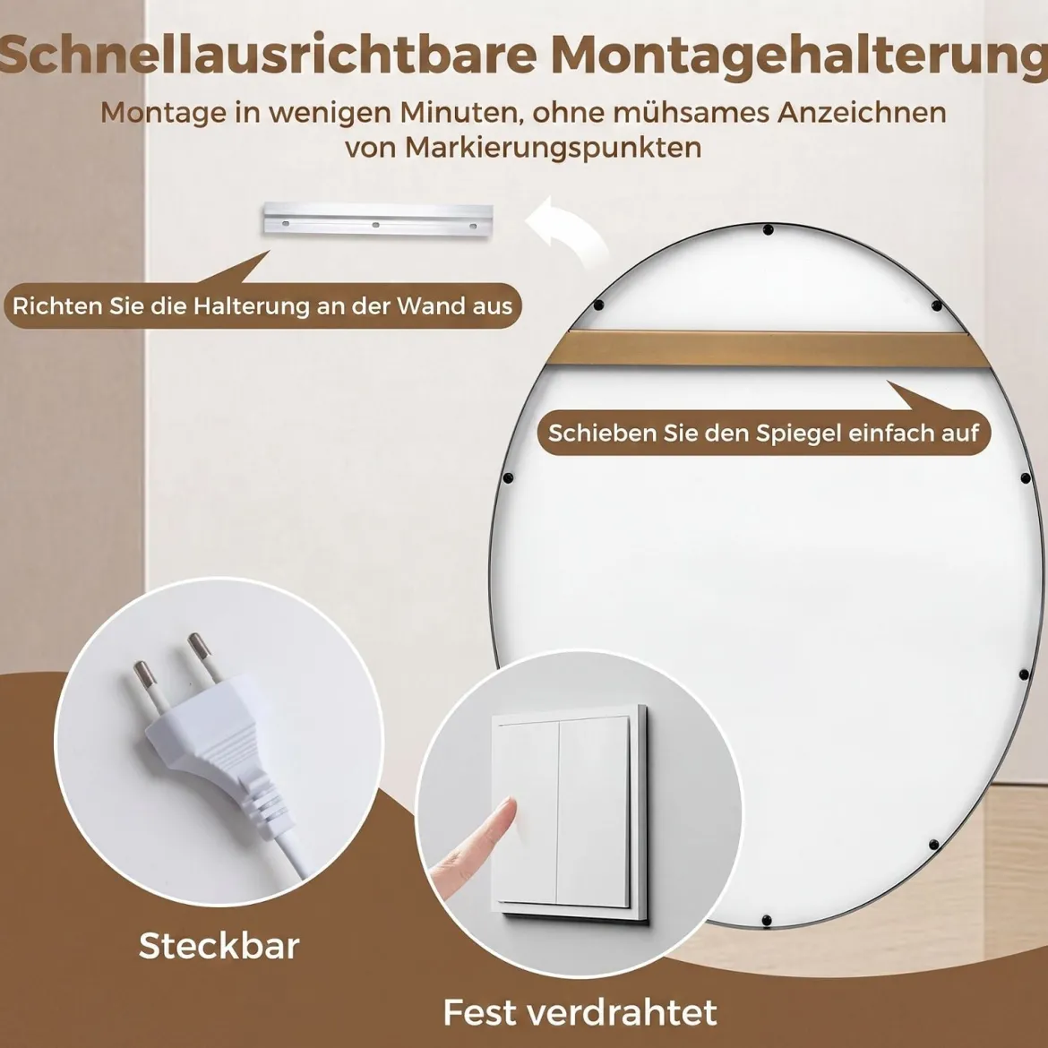 Badspiegel mit Beleuchtung 60 x 50 cm Ovaler Dimmbarer LED Wandspiegelmit 3 Lichtfarben