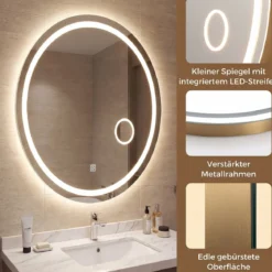 Badspiegel mit Beleuchtung 60 x 50 cm Ovaler Dimmbarer LED Wandspiegelmit 3 Lichtfarben