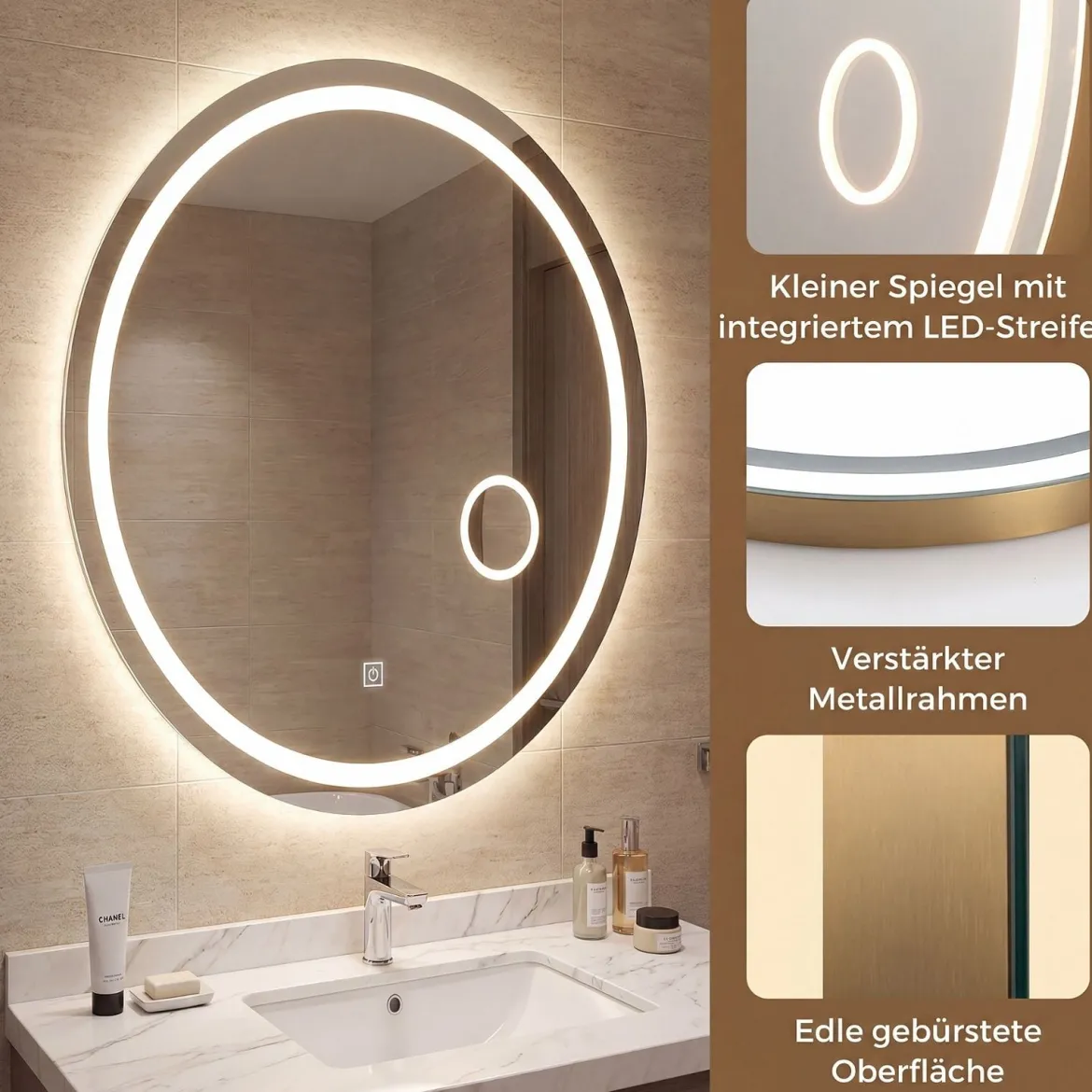 Badspiegel mit Beleuchtung 60 x 50 cm Ovaler Dimmbarer LED Wandspiegelmit 3 Lichtfarben