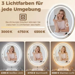 Badspiegel mit Beleuchtung 60 x 50 cm Ovaler Dimmbarer LED Wandspiegelmit 3 Lichtfarben