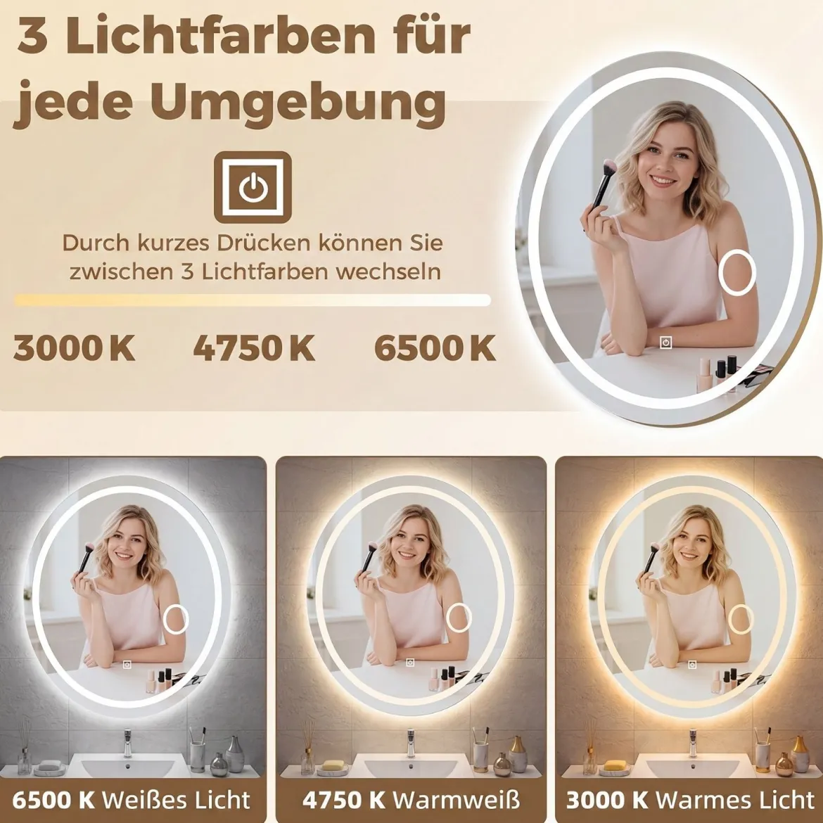 Badspiegel mit Beleuchtung 60 x 50 cm Ovaler Dimmbarer LED Wandspiegelmit 3 Lichtfarben