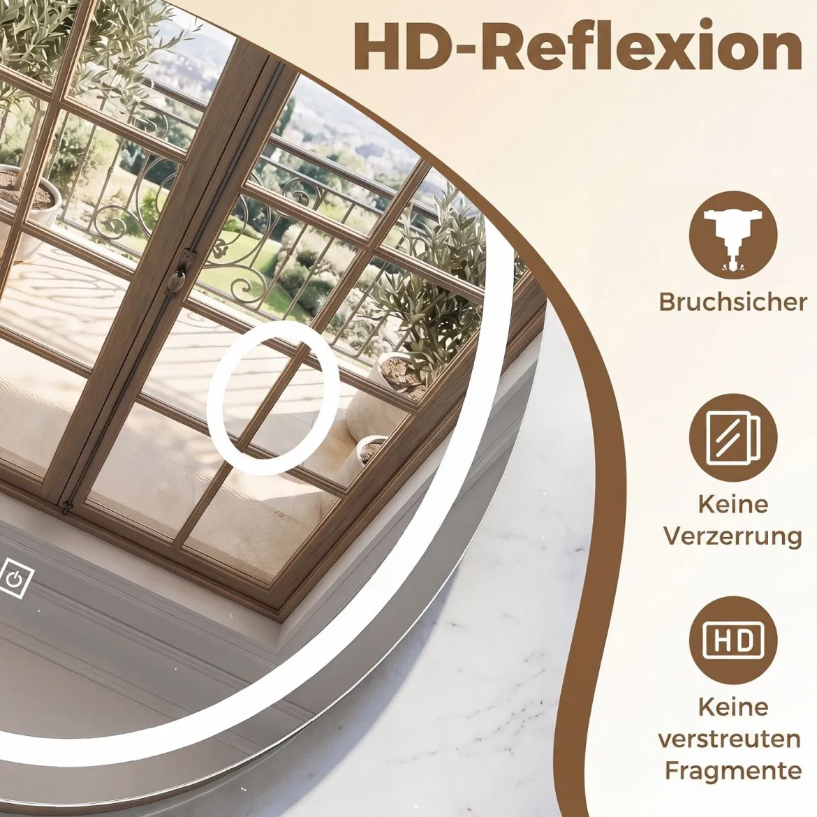 Badspiegel mit Beleuchtung 60 x 50 cm Ovaler Dimmbarer LED Wandspiegelmit 3 Lichtfarben