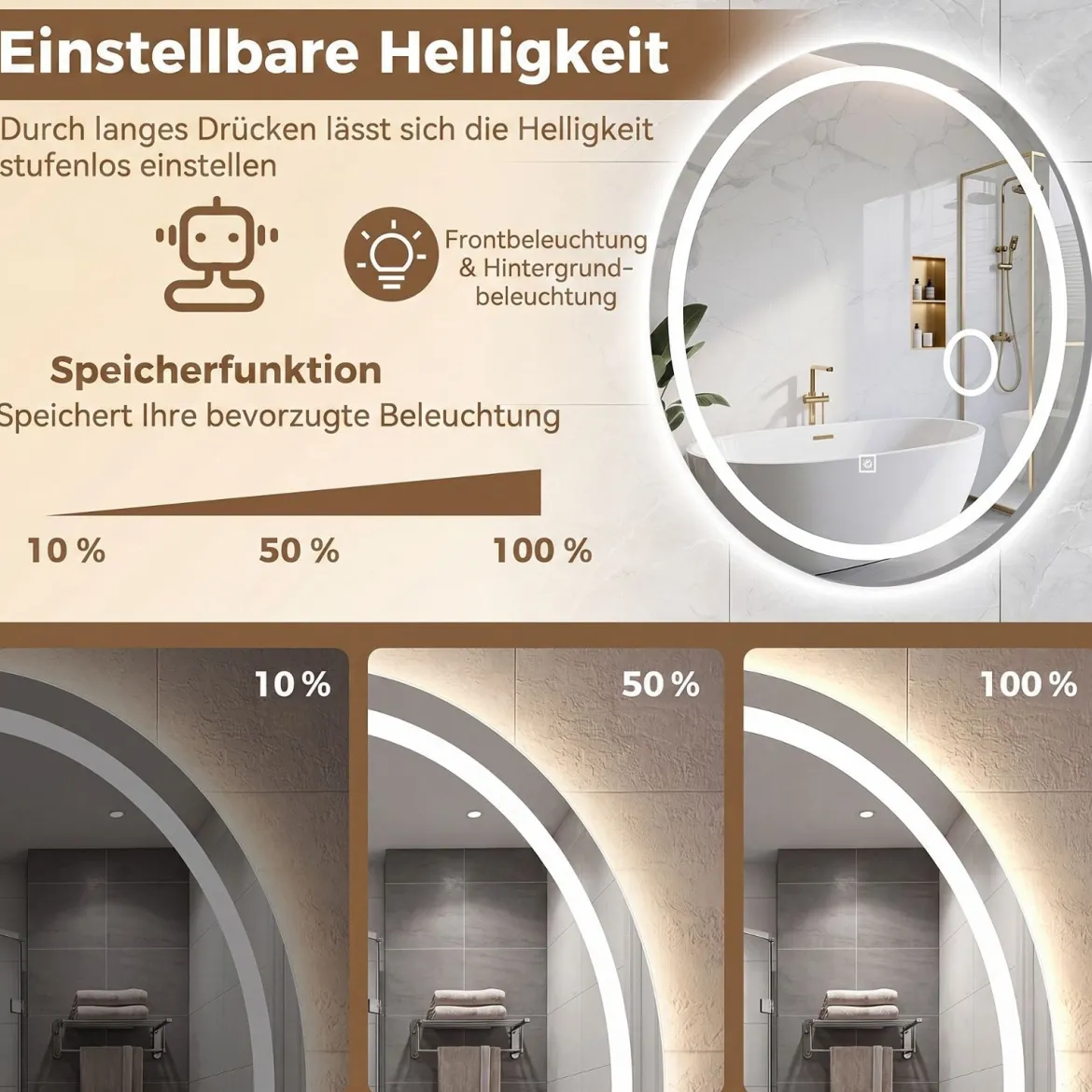 Badspiegel mit Beleuchtung 60 x 50 cm Ovaler Dimmbarer LED Wandspiegelmit 3 Lichtfarben