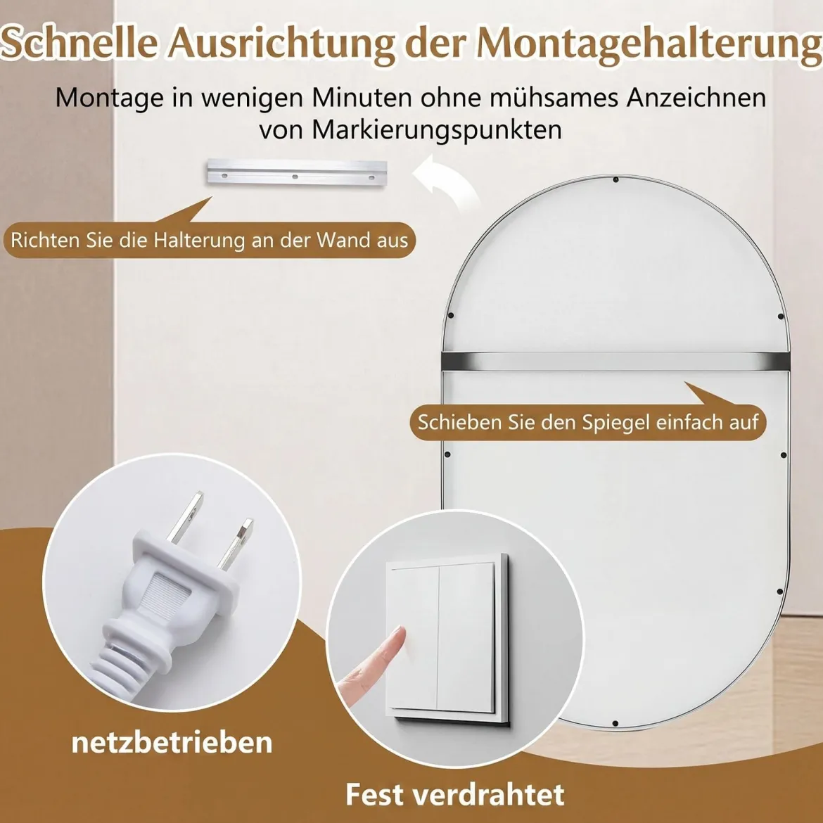 Badspiegel mit Beleuchtung 50 x 80 cm LED Badezimmerspiegel Oval Beschlagfreier Wandspiegel Silber