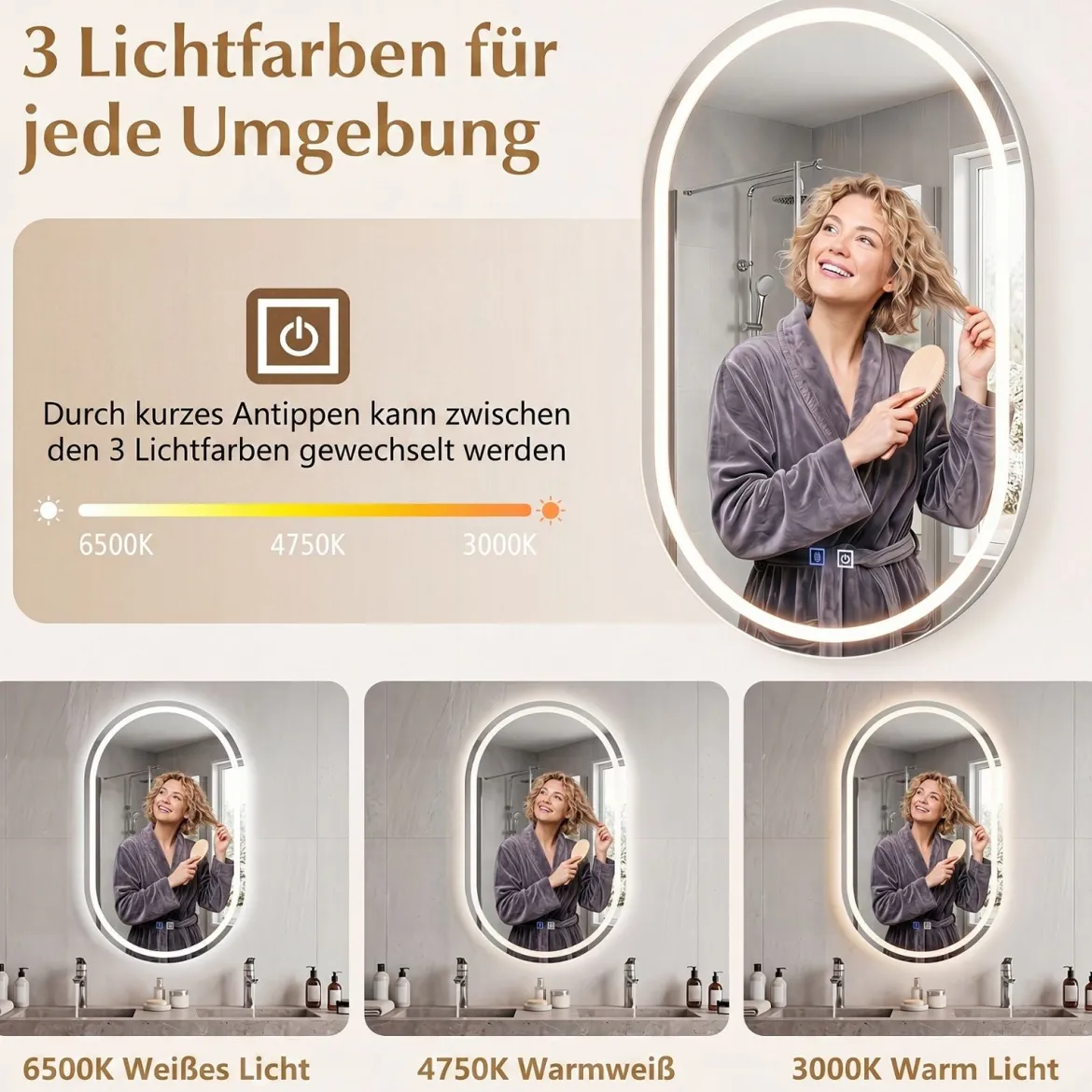 Badspiegel mit Beleuchtung 50 x 80 cm LED Badezimmerspiegel Oval Beschlagfreier Wandspiegel Silber