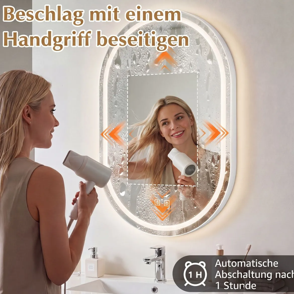 Badspiegel mit Beleuchtung 50 x 80 cm LED Badezimmerspiegel Oval Beschlagfreier Wandspiegel Silber