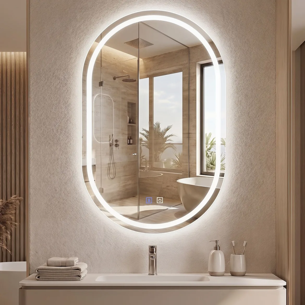 Badspiegel mit Beleuchtung 50 x 80 cm LED Badezimmerspiegel Oval Beschlagfreier Wandspiegel Silber