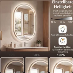 Badspiegel mit Beleuchtung 50 x 80 cm LED Badezimmerspiegel Oval Beschlagfreier Wandspiegel Silber