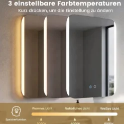 Badspiegel mit LED Beleuchtung 3 Lichtfarben Dimmbar & Stufenlose Helligkeitsregelung 70 x 50 cm